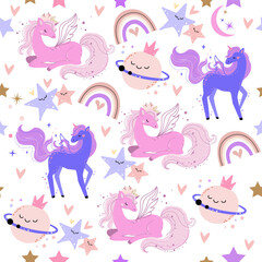 Cute unicorn, planet, rainbow and star seamless pattern. Vector illustration in boho style for t-shirt design, nursery for kids, pajamas print