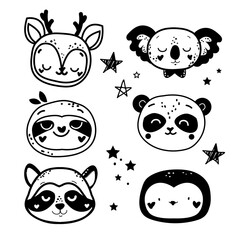 Cute set of animal heads in boho style. T-shirt design, nursery decoration, greeting card, poster. Vector illustration. Koala, lion, monkey, panda, mouse