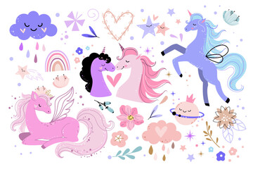 Set of cute unicorns, flowers, moon and stars. Vector cartoon illustration. T-shirt design for children
