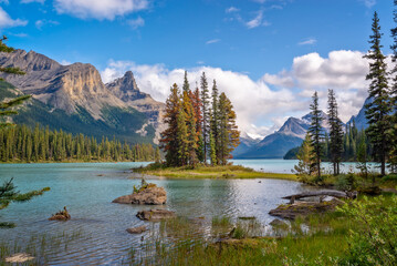 Spirit island in Maligne lake, Jasper National Park, Alberta, Rocky Mountains, Canada