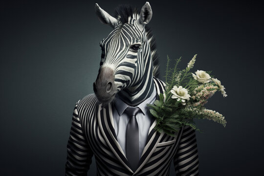 Zebra Animal, dressed in a suit and tie, holding a bouquet of flowers. The image depicts a romantic and elegant figure, blending human and animal traits. Ai generated