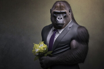 Gorilla Animal, dressed in a suit and tie, holding a bouquet of flowers. The image depicts a romantic and elegant figure, blending human and animal traits. Ai generated