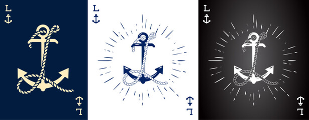 Set of three Vintage Label with an Anchor and Letter made of Ship Rope. Apparel t-shirt or Poster Design. Logotype Monogram with Playing Cards Style. Vector illustration.