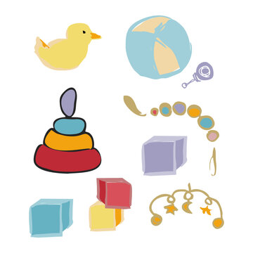 Vector illustration of color toys for kids. Baby items toys set. 
