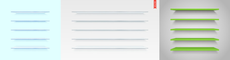 Set of Glass, Wood, Plastic, Metal Shelves. Isolated on the Wall Background.