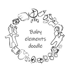 Newborn infant themed cute doodle. Vector drawings elements, isolated. Baby care, feeding, Baby toys, ball, bottle, duck, baby clothes, baby pillow, childrens footprints, accessories. Set
