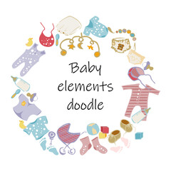 Newborn infant themed cute doodle. Vector drawings elements, isolated. Baby care, feeding, Baby toys, ball, bottle, duck, baby clothes, baby pillow, childrens footprints, accessories. Set