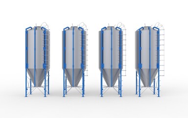 Set of silo building for agriculture farming husbandry metal storage equipment ready to use in advertisement isolated on white colour realistic look 3d rendering image front view © Hryhorii