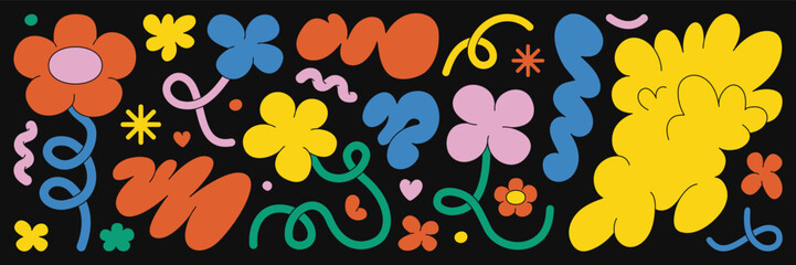 Abstract cloud and flower shapes sticker pack. Groovy funky flower, bubble, star, loop, waves in trendy retro 90s 00s cartoon style. Vector illustration with wavy and spiral elements.