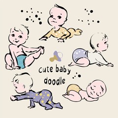 Funny and cute babies. Various poses of baby. Vector drawings isolated. Set