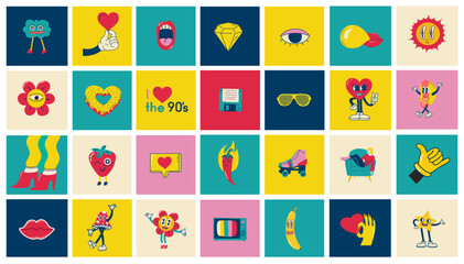 70's groovy square posters, cards or stickers. Retro print with hippie cute colorful funky character concepts of crazy geometric, dripping emoticon. Only good vibes sentence