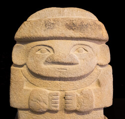 Pre-columbian megalithic sculpture on display in the Archaeological Museum of San Agustin, Huila,...