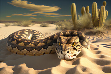 Rattlesnake in the desert sands. AI generated.