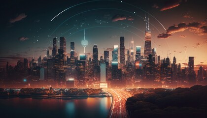 Wireless network and Connection technology concept with Abstract city background, generative ai