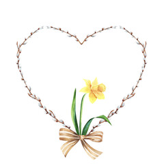 Easter frame in the form of a heart from willow twigs. Watercolor illustration. Daffodil flower, beige bow