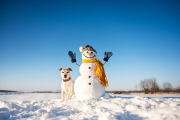 Funny snowman in knitted hat and yellow scalf with jack russel terrier puppy on snowy field. Blue...