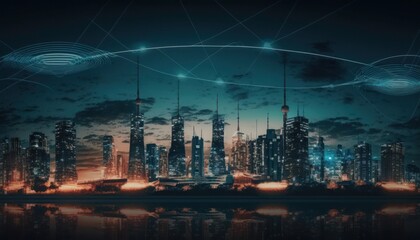 Wireless network and Connection technology concept with Abstract city background, generative ai