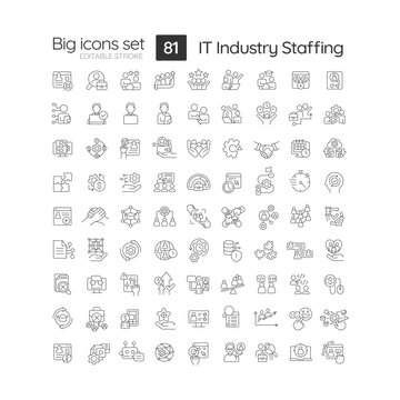IT industry staffing linear icons set. HR department. Hiring process. Searching talents. Company recruitment. Customizable thin line symbols. Isolated vector outline illustrations. Editable stroke