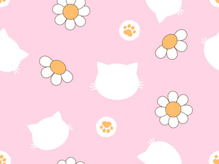 Seamless pattern with cat kitten cartoons, paw print and daisy flower on pink background vector illustration.