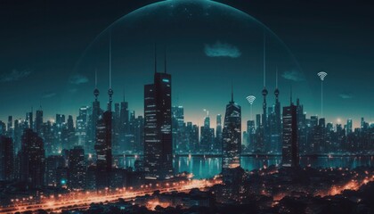 Wireless network and Connection technology concept with Abstract city background, generative ai