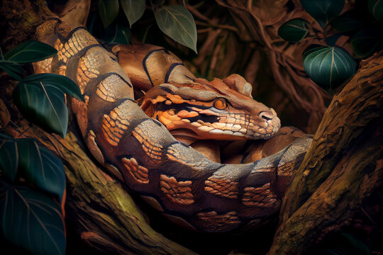 Giant python in the branches of a tree. AI generated.