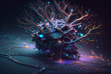 Neural network with glowing bioluminescence. The image represents the futuristic idea of a direct neural interface between the brain and artificial intelligence. Ai generated