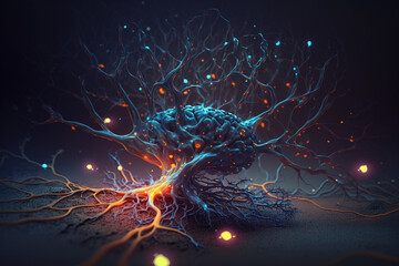 Neural network with glowing bioluminescence. The image represents the futuristic idea of a direct neural interface between the brain and artificial intelligence. Ai generated