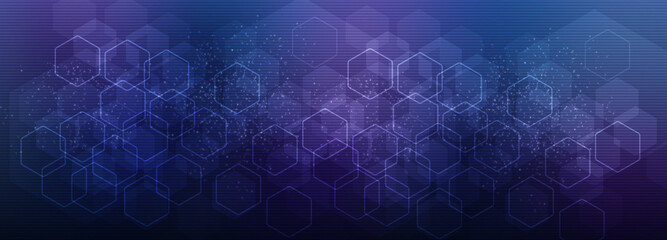 Cyan purple ultraviolet hi-tech hexagon metaverse web3 digital horizontal banner template.  Futuristic cyber design brochure art blank. Place for text