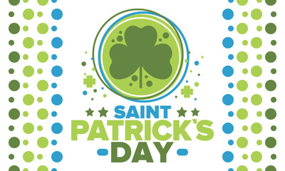 Happy Saint Patricks Day. Traditional irish holiday. Celebrate annual in March 17. Clover and shamrock leaves. Green and orange party design. Ireland color. Poster, card, banner and background. Vector