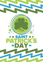 Happy Saint Patricks Day. Traditional irish holiday. Celebrate annual in March 17. Clover and shamrock leaves. Green and orange party design. Ireland color. Poster, card, banner and background. Vector