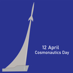 Cosmonautics Day, April 12. Monument to the conquerors of space. The rocket rushes into the sky. Vector on a blue background