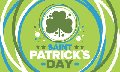 Happy Saint Patricks Day. Traditional irish holiday. Celebrate annual in March 17. Clover and shamrock leaves. Green and orange party design. Ireland color. Poster, card, banner and background. Vector