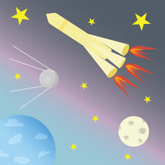 Cosmonautics Day, April 12. Illustration in space rocket and satellite on the background of the earth and moon Vector on a gradient background