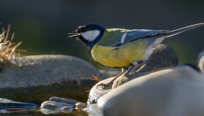 Obraz premium Great tit drinks from the bird's waterhole. Backlight. Moravia. Czechia.