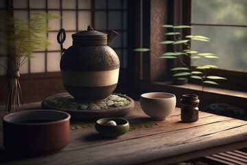 Traditional Japanese Green tea setup with beautiful lighting. Close-up details of ceramic tea pot and cups.Ai generated