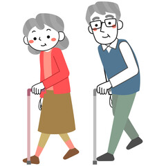 杖をついて歩くシニア女性とシニア男性