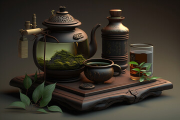 Traditional Japanese Green tea setup with beautiful lighting. Close-up details of ceramic tea pot and cups.Ai generated
