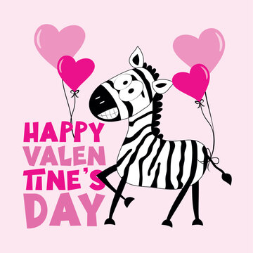 Happy Valentine's Day - cute zebra with balloons. Good for greeting card, poster, mug, label, T shirt print.
