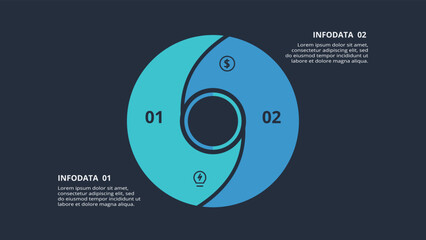 Circle dark infographic with 2 elements template for web on a black background, business, presentation. Vector
