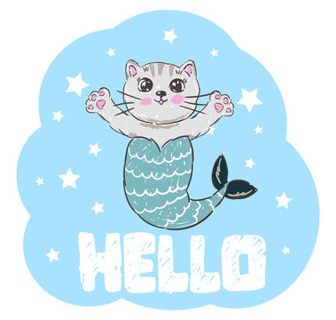 Cute blue cat mermaid on a white background. Vector illustration for girls. Summer travel concept. Child and kids print. Flat style concept