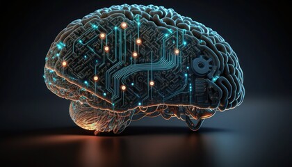 Fototapeta premium Realistic image of a human brain glowing with symbols of technology around, generative ai