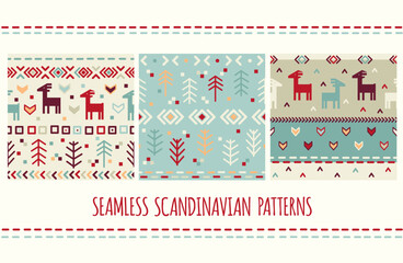 Set of seamless pattern with nordic tribal ornament with deer. Scandinavian style decor. Endless texture can be used for pattern fills, web page background, surface texture. Vector illustration EPS8
