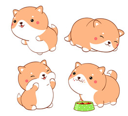 Set of cute fat dogs kawaii style. Collection of lovely little shiba inu puppy in different poses. Can be used for t-shirt print, stickers, greeting card design. Vector illustration EPS8