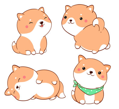 Set of cute fat dogs kawaii style. Collection of lovely little shiba inu puppy in different poses. Can be used for t-shirt print, stickers, greeting card design. Vector illustration EPS8