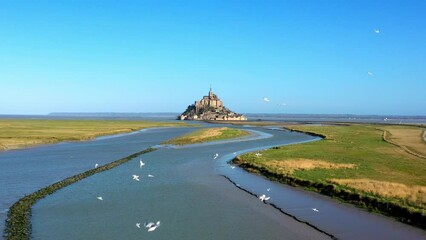 Epic drone shot of Mont Saint Michel, France