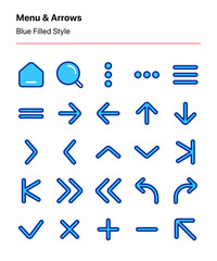 Customizable menu and arrow icons for navigation, pointer, ornament, or buttons on apps and websites interface, presentations, wayfinding, signage, layout, graphic design, etc