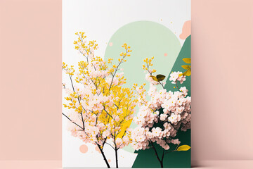 Minimalist spring background with pastel colors and springtime elements such as branches and flowers, suitable for brochures, flyers, banners, or wallpapers Ai generated