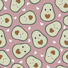 Seamless pattern with cute avocados and hearts. Print for clothing, textiles. Scandinavian cartoon doodle style. Limited pastel palette for printing.