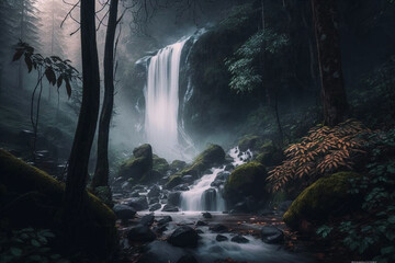 Fototapeta na wymiar Waterfall in a forest with mist and fog, creating a beautiful and serene landscape. Ai generated