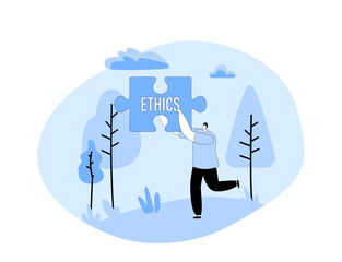 Core Values Concept. Tiny Business Character Holding Huge Puzzle Piece with Basic Social and Business Principle Ethics